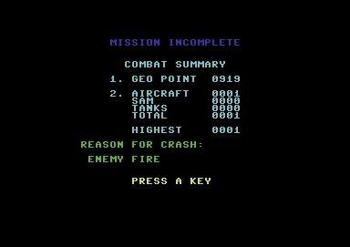 Strike Force Harrier (Commodore 64) screenshot: Combat summery