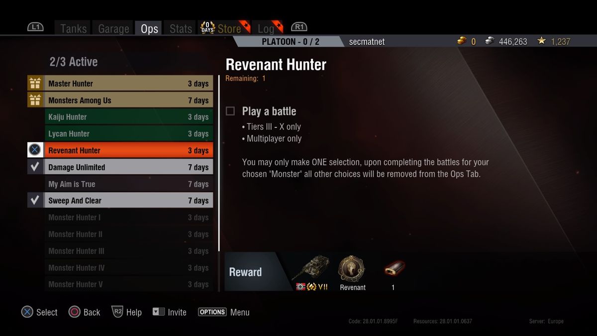 World of Tanks: Monster Revenant Loaded Bundle (PlayStation 4) screenshot: Revenanttank could have been won for free by completing Revenant Hunter mission