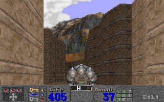 Quiver (DOS) screenshot: The original game uses a panoramic image for the skyline, similar to <i>Doom</i>.