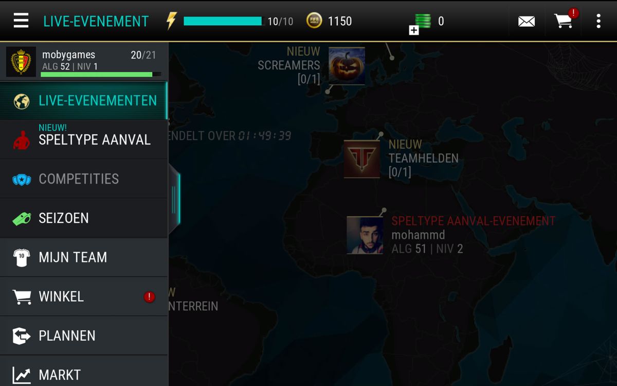 FIFA Mobile (Android) screenshot: The menu bar on the left shows the most common events (Dutch version).