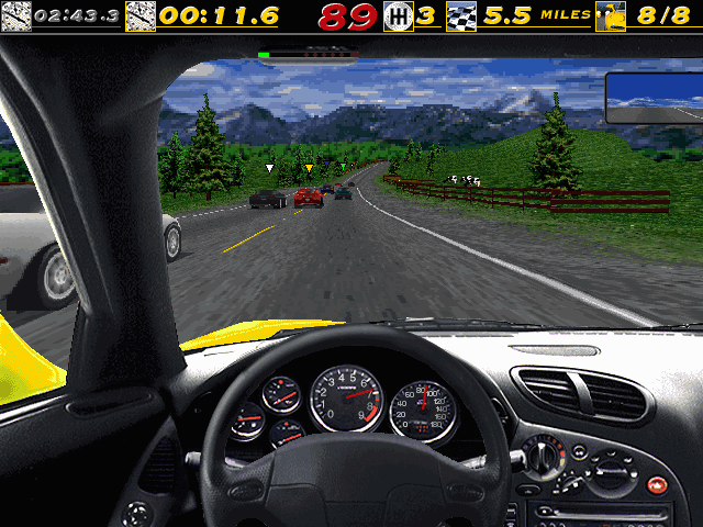 The Need for Speed (DOS) screenshot: Racing the Mazda RX-7 on the Alpine track.