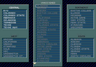 College Football's National Championship II (Genesis) screenshot: The player can set up divisions anyway they want.