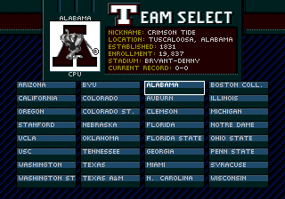 College Football's National Championship II (Genesis) screenshot: Team select