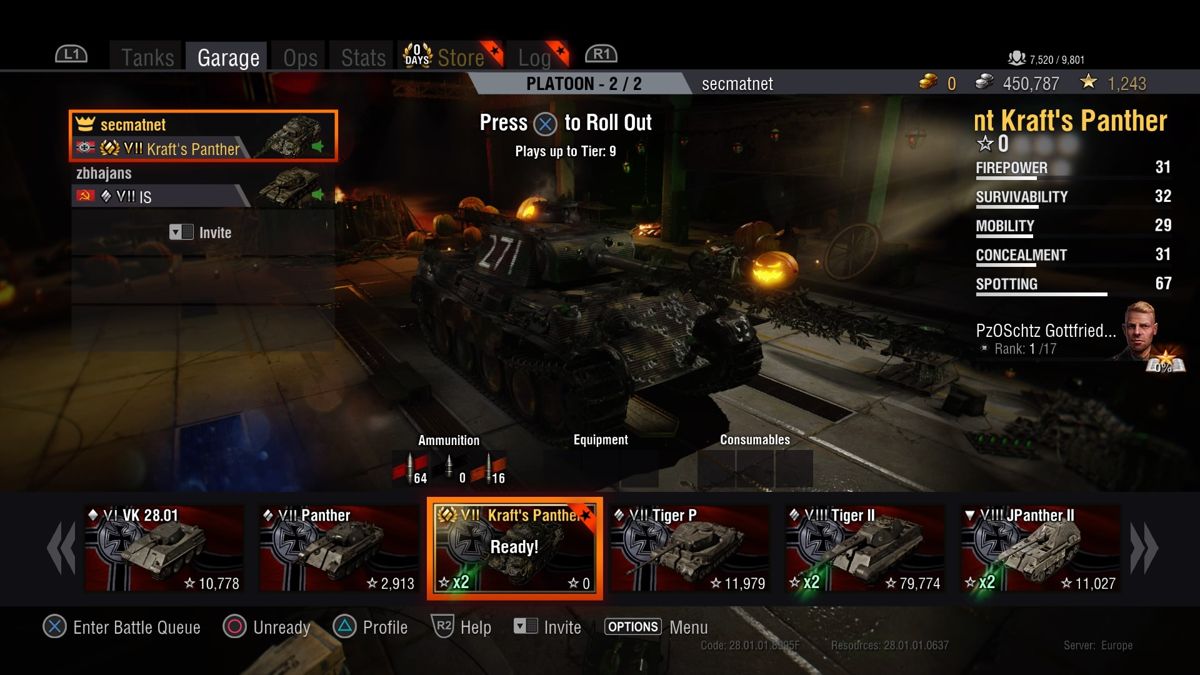 World of Tanks: Monster Revenant Loaded Bundle (PlayStation 4) screenshot: Selecting Revenant tank for a platoon match