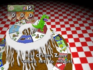 Rugrats: Scavenger Hunt (Nintendo 64) screenshot: If you land on a space under Reptar, he may help or hinder.