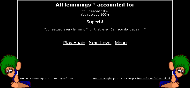 DHTML Lemmings (Browser) screenshot: Level post-mortem
