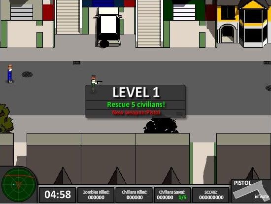 Boxhead: A Halloween Special (Browser) screenshot: Starting level 1. I have a pistol and must rescue 5 civilians.