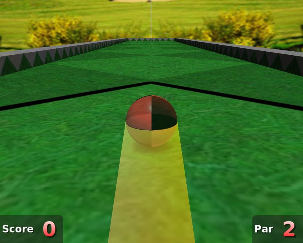 Hole in One Mini Golf (Windows) screenshot: Setting up the first shot. Pull back on the mouse to set the power, as indicated by the yellow trail, and move the mouse left/right to aim