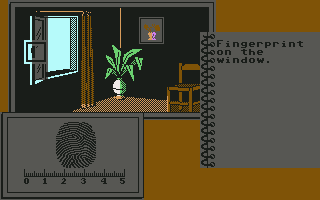 The Sydney Affair (Commodore 64) screenshot: Fingerprint was found on the window...