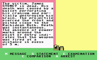 The Sydney Affair (Commodore 64) screenshot: Examination of James Sydney's authopsy...