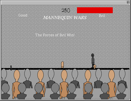 The Bogus Guru (Macintosh) screenshot: Mannequins inhabit a rather unequivocal world of good and evil.
