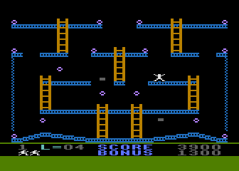 Jumpman (Atari 8-bit) screenshot: The moving blocks make me jump.