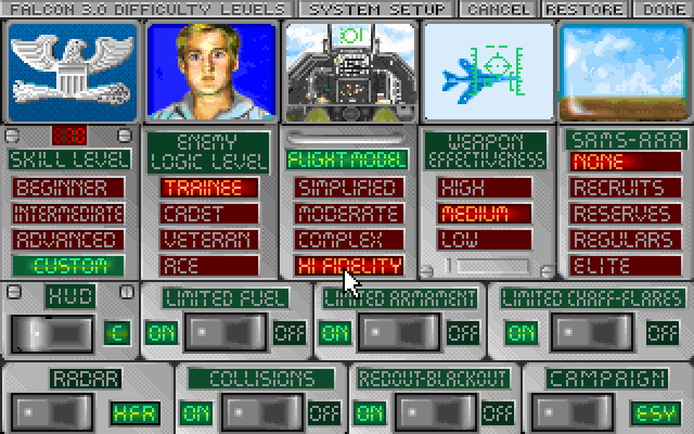 Falcon 3.0 (DOS) screenshot: Difficulty & realism settings. High-fidelity requires a math coprocessor.