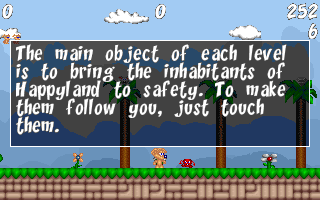 HappyLand Adventures (Windows) screenshot: Old men stand around waiting to give you helpful hints like this.
