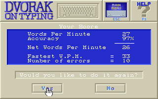Dvorak on Typing (DOS) screenshot: Results of the Test.