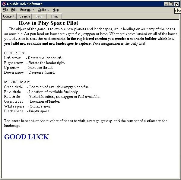 Arcade Pack (Windows) screenshot: Space Pilot's Help file. All games have a file such as this, it's accessed via the menu bar and opens in a new window