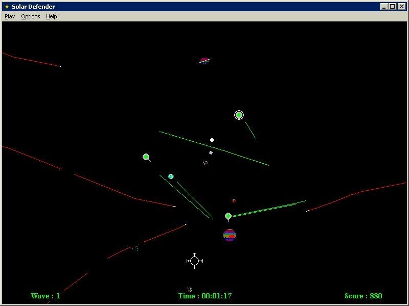 Arcade Pack (Windows) screenshot: Solar Defender: The bases and the planets to be protected orbit around the centre of the screen while missiles come from all sides