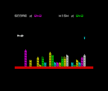 Bomber (ZX Spectrum) screenshot: After every pass over the city, the plane wraps back to the left side