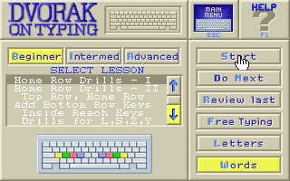 Dvorak on Typing (DOS) screenshot: Lessons.