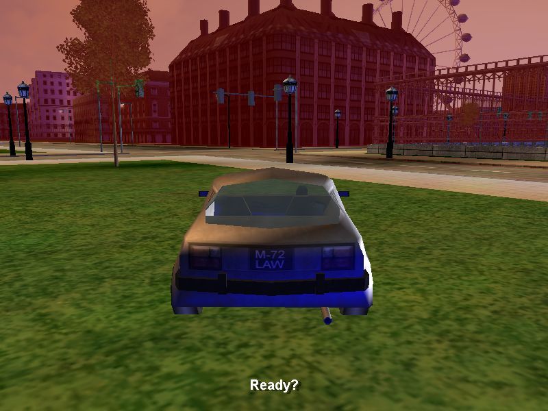 Taxi Racer London 2 (Windows) screenshot: The game starts with the player's car in some apparently random location<br>Each mission is in a different part of the city bounded by red walls that the player cannot pass through