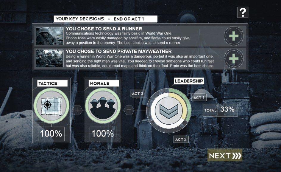 Our World War: Interactive Episode (Browser) screenshot: Feedback on first act