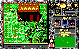 Battle Master (DOS) screenshot: A group of Orc thieves attack the town of Dullham.