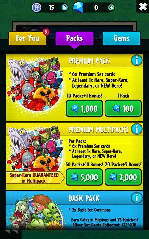 Plants vs. Zombies: Heroes (Android) screenshot: Packs in the store