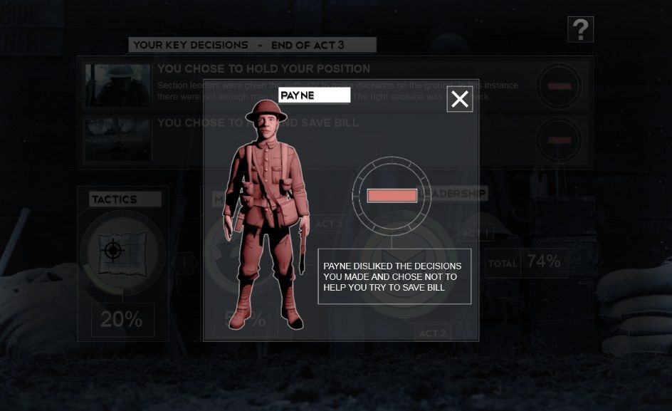 Our World War: Interactive Episode (Browser) screenshot: The soldiers don't always agree with your decisions