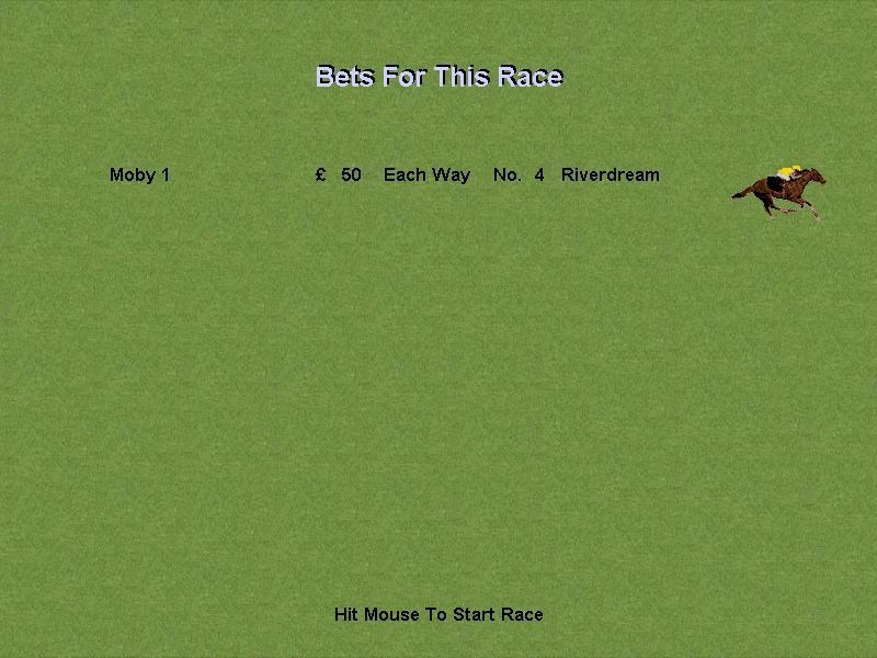 Derby Day (Windows) screenshot: After having placed their bet the player(s) start the race. before it is run though the game shows a summary of all bets placed