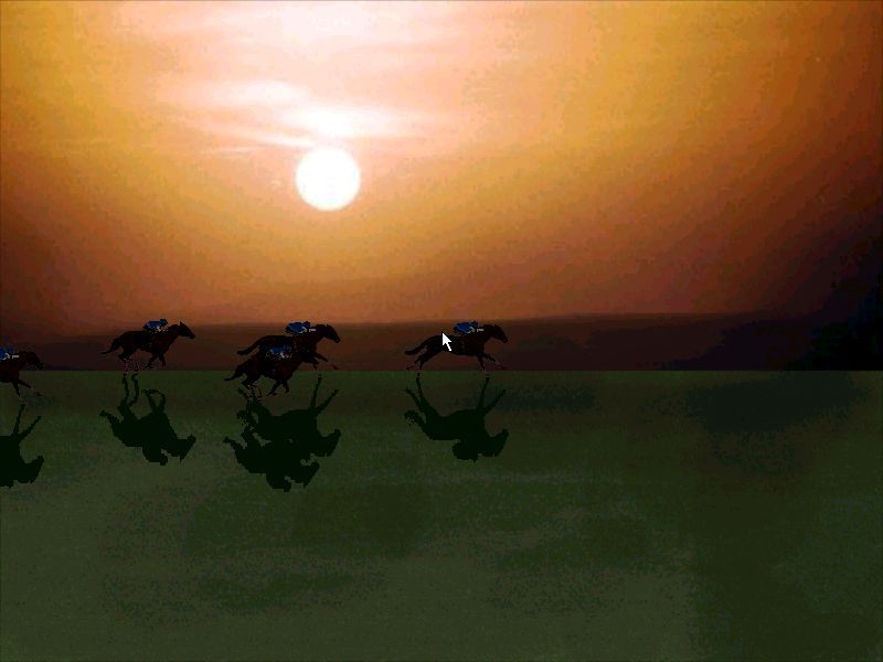 Derby Day (Windows) screenshot: The game starts with a short animated sequence showing horses running against the dawn sky
