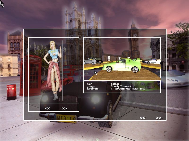 Taxi Racer London 2 (Windows) screenshot: The single player game starts with vehicle and mission selection, both of which are handled on this screen