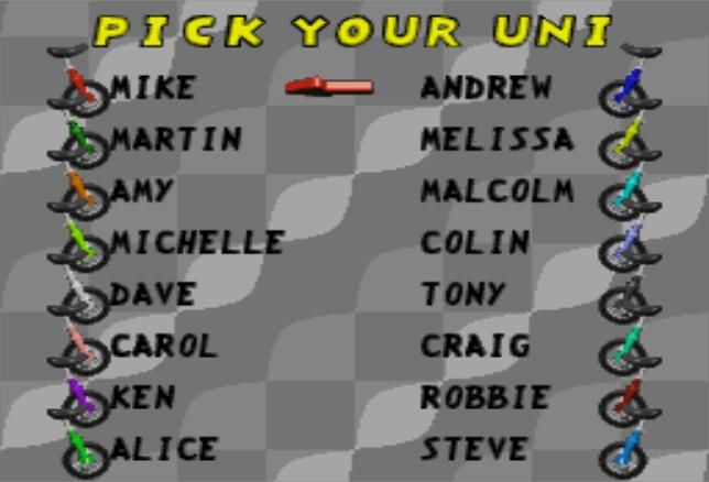 Uniracers (SNES) screenshot: Select your Unicycle