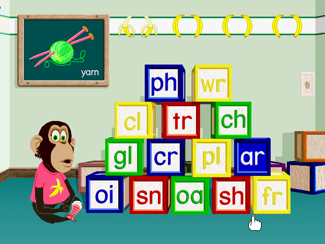 Ready, Set, Read with Bananas & Jack (Windows 3.x) screenshot: 'yarn' has a two-letter sound 'ar'