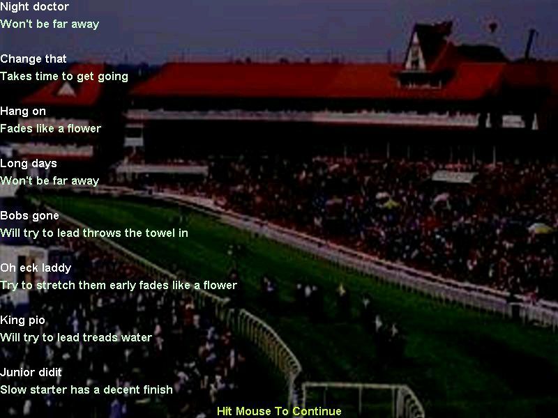 Derby Day (Windows) screenshot: This is the first of two Ratings pages. The game was instructed to pre-run forty races to generate this information before the players made any bets