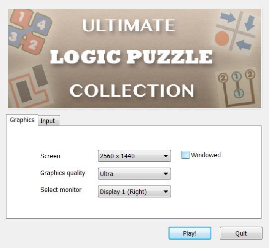 Ultimate Logic Puzzle Collection (Windows) screenshot: The game loads to this screen which gives the player the option of playing in full screen or windowed mode