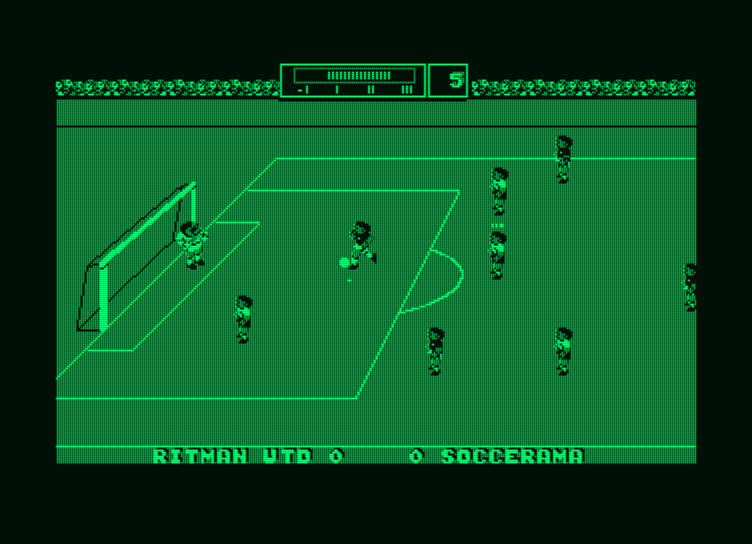Match Day II (Amstrad PCW) screenshot: The opposite team is about to score (green screen version)