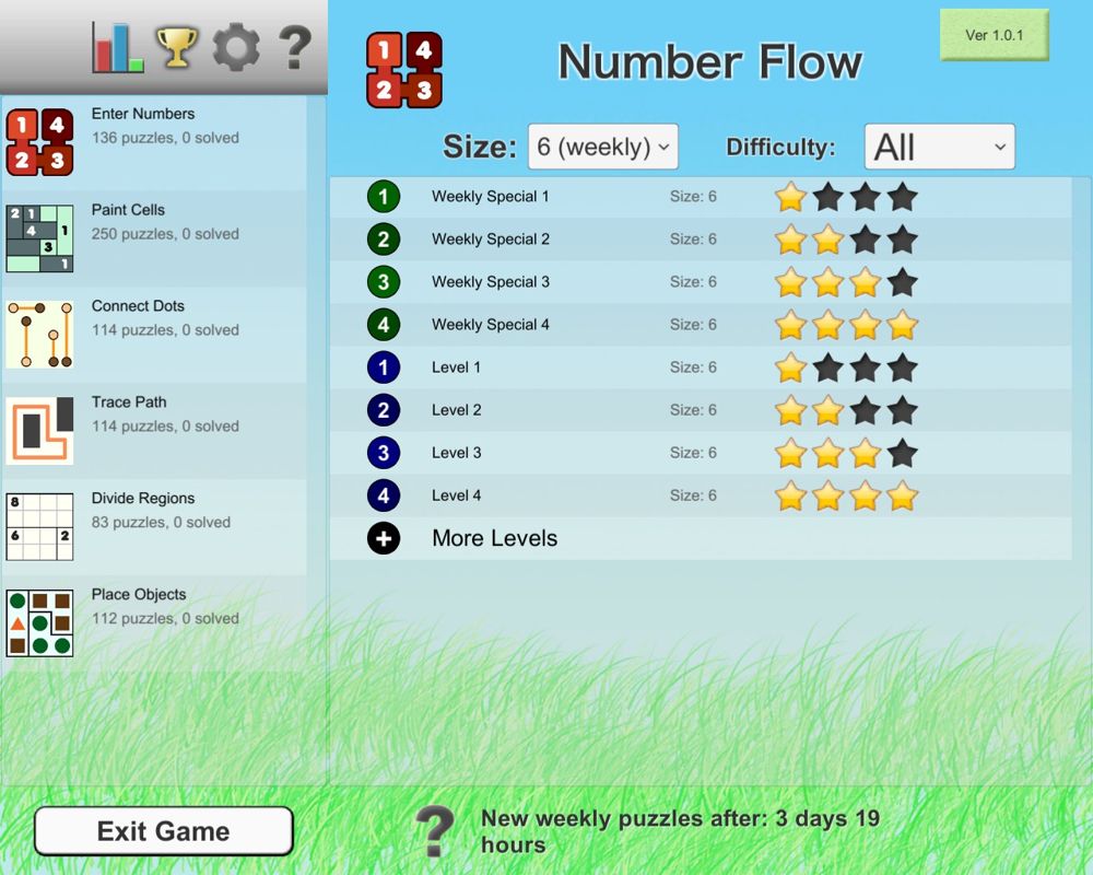 Ultimate Logic Puzzle Collection (Windows) screenshot: The main menu. Puzzle categories down the side and "Number Flow", the first puzzle of the "Enter Numbers" category ready to play