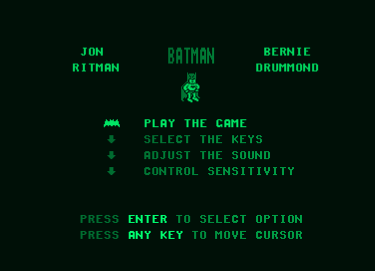 Batman (Amstrad PCW) screenshot: Main menu
