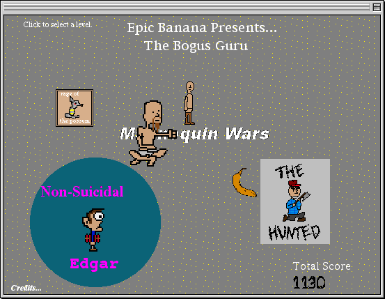 The Bogus Guru (Macintosh) screenshot: Game Selection. The banana hungry Guru chases your cursor, a banana, around the screen in an attempt to consume it before you can select a game.