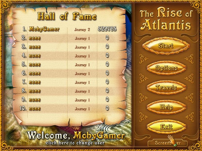 The Rise of Atlantis (Windows) screenshot: The game's high score table. <br>The game allows for multiple players, meaning the whole family can play, and when one journey ends another can begin