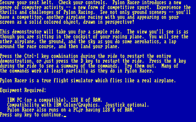 Pylon Racer (DOS) screenshot: The demo version talks up the game