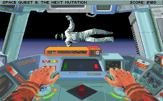Space Quest V: The Next Mutation (DOS) screenshot: Using the EVA pod to save Cliffy