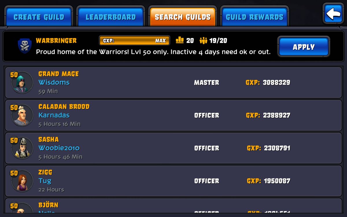 Spirit Lords (Android) screenshot: The game's guilds