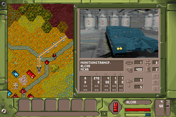 Battle Isle 2200 (DOS) screenshot: Reading up on a unit in-game.