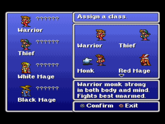 Final Fantasy Origins (PlayStation) screenshot: Final Fantasy: choosing the classes