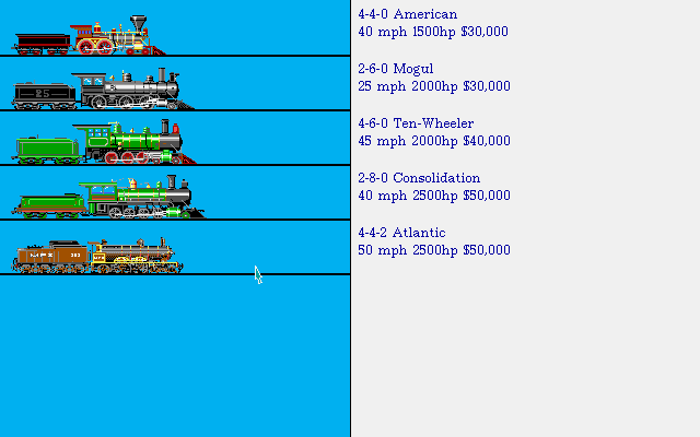 Sid Meier's Railroad Tycoon Deluxe (DOS) screenshot: Train purchasing screen