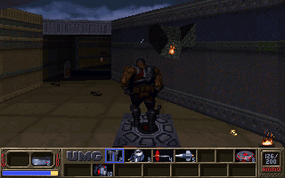 Eradicator (DOS) screenshot: Flying around the Citadel yard on a hover platform.