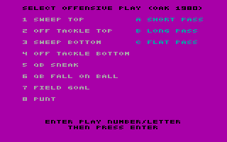 Super Bowl Sunday (PC Booter) screenshot: Select a play. (CGA with RGB monitor)