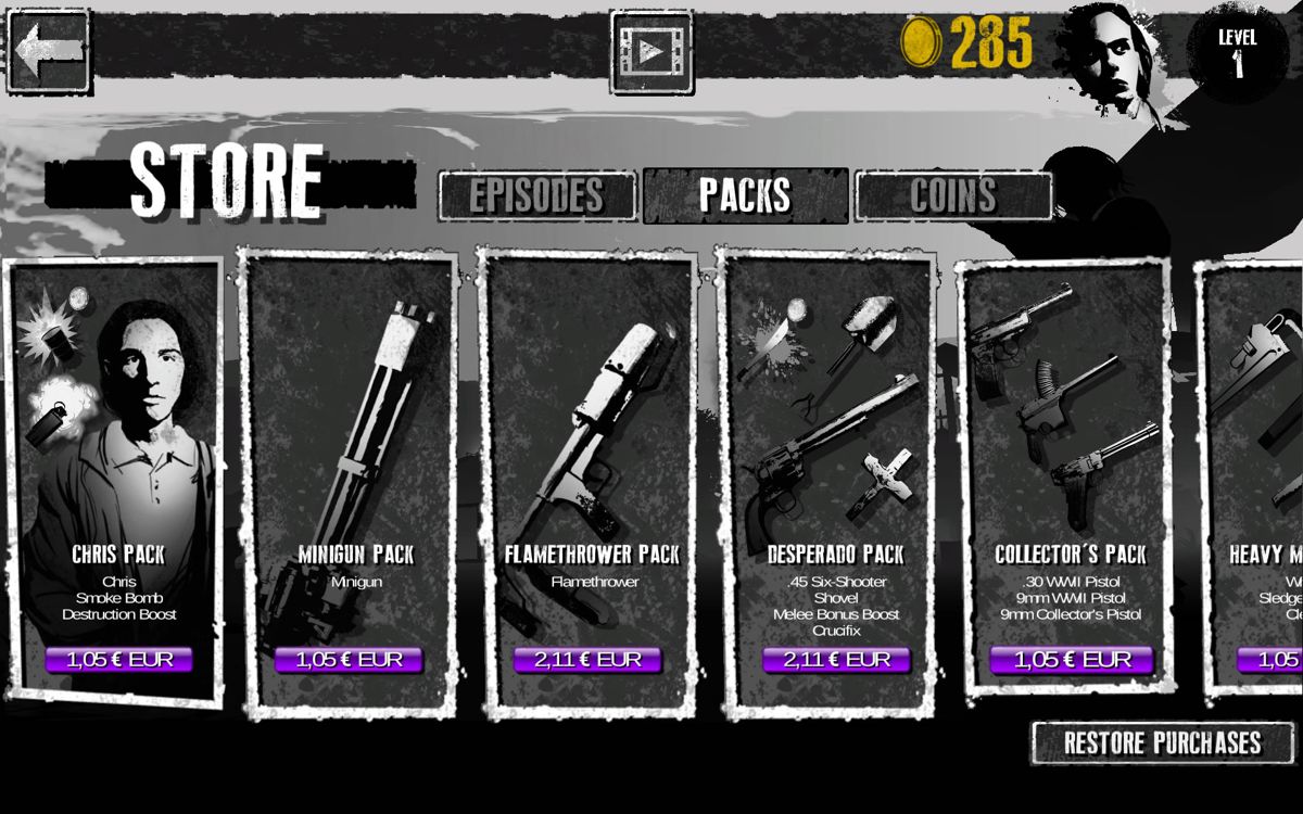 Fear the Walking Dead: Dead Run (Android) screenshot: Character and weapon packs in the store