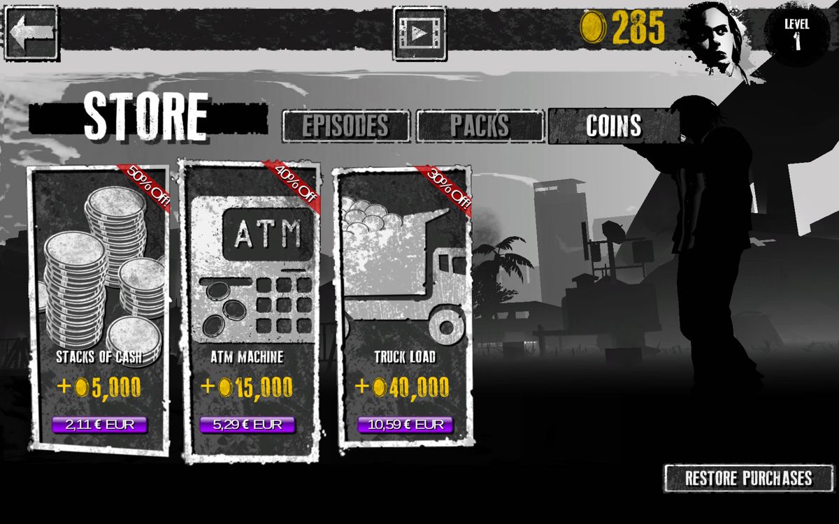 Fear the Walking Dead: Dead Run (Android) screenshot: In-app purchases for coins